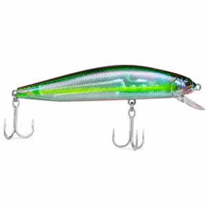 Señuelo minnow verde transparente holográfico con dos anzuelos triples para pesca deportiva en agua salada.