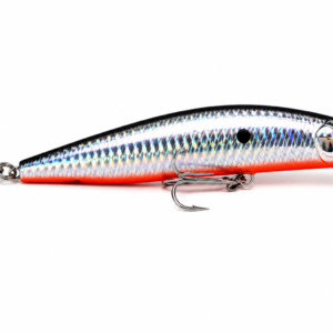 Señuelo minnow plateado holográfico con vientre rojo y dos anzuelos triples para pesca deportiva.