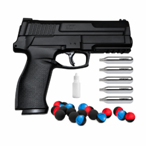 Pistola traumática Secure .68 color negro con cápsulas CO2, municiones calibre .68 y accesorios.