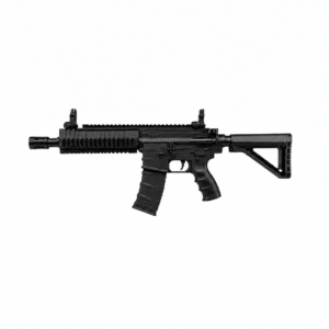 Rifle de airsoft estilo M4 CQB negro con culata ajustable, rieles Picatinny y cargador desmontable.