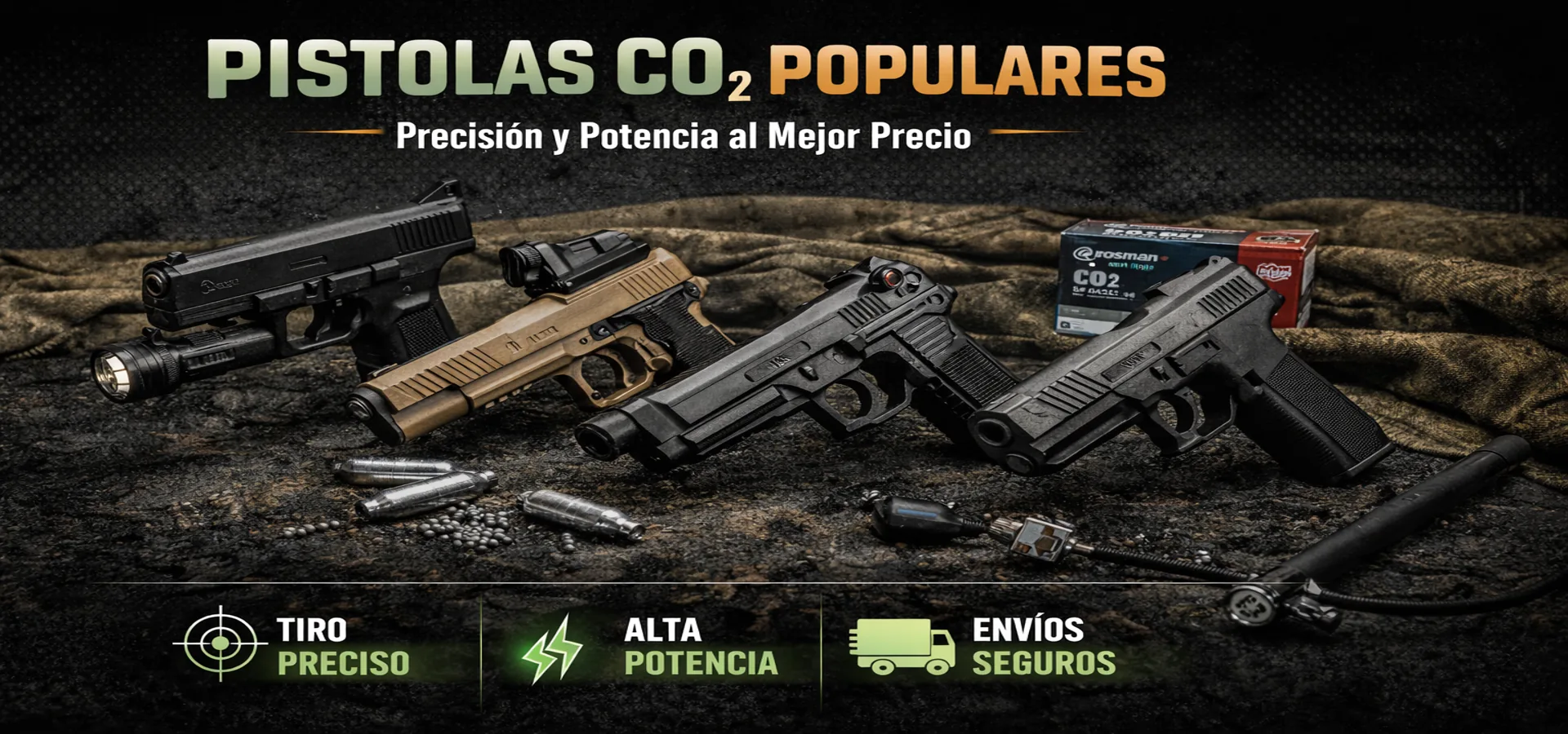 Pistolas CO2 populares en Mexico para tiro recreativo y practica de precision, pistolas de aire comprimido disponibles en GISPACK con envio seguro a todo Mexico