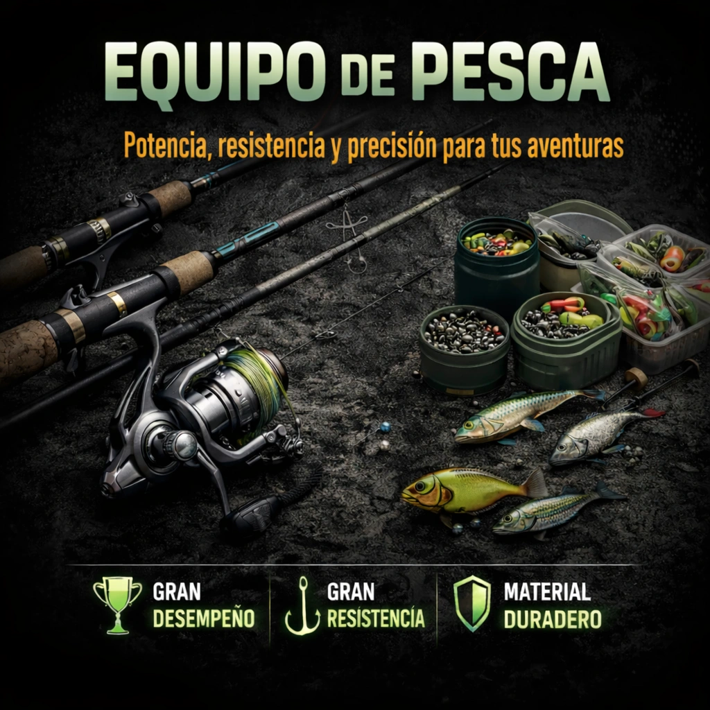 equipo de pesca profesional con cañas carretes señuelos y accesorios resistentes
