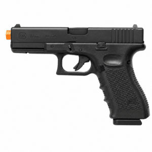 Pistola de airsoft Glock 17 Gen 4 negra con diseño táctico, empuñadura ergonómica y riel para accesorios.