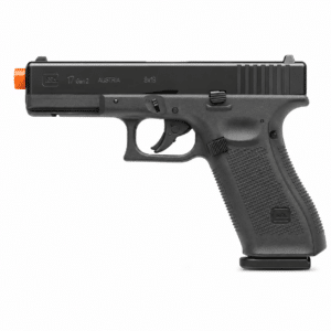 Pistola de airsoft Glock 17 Gen5 negra con diseño táctico, riel para accesorios y acabado realista.