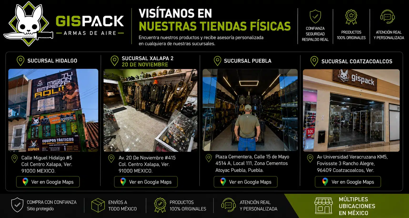 Sucursales físicas de GISPACK en Xalapa, Puebla y Coatzacoalcos con tienda de armas de aire, rifles PCP, CO2 y equipo táctico en México.