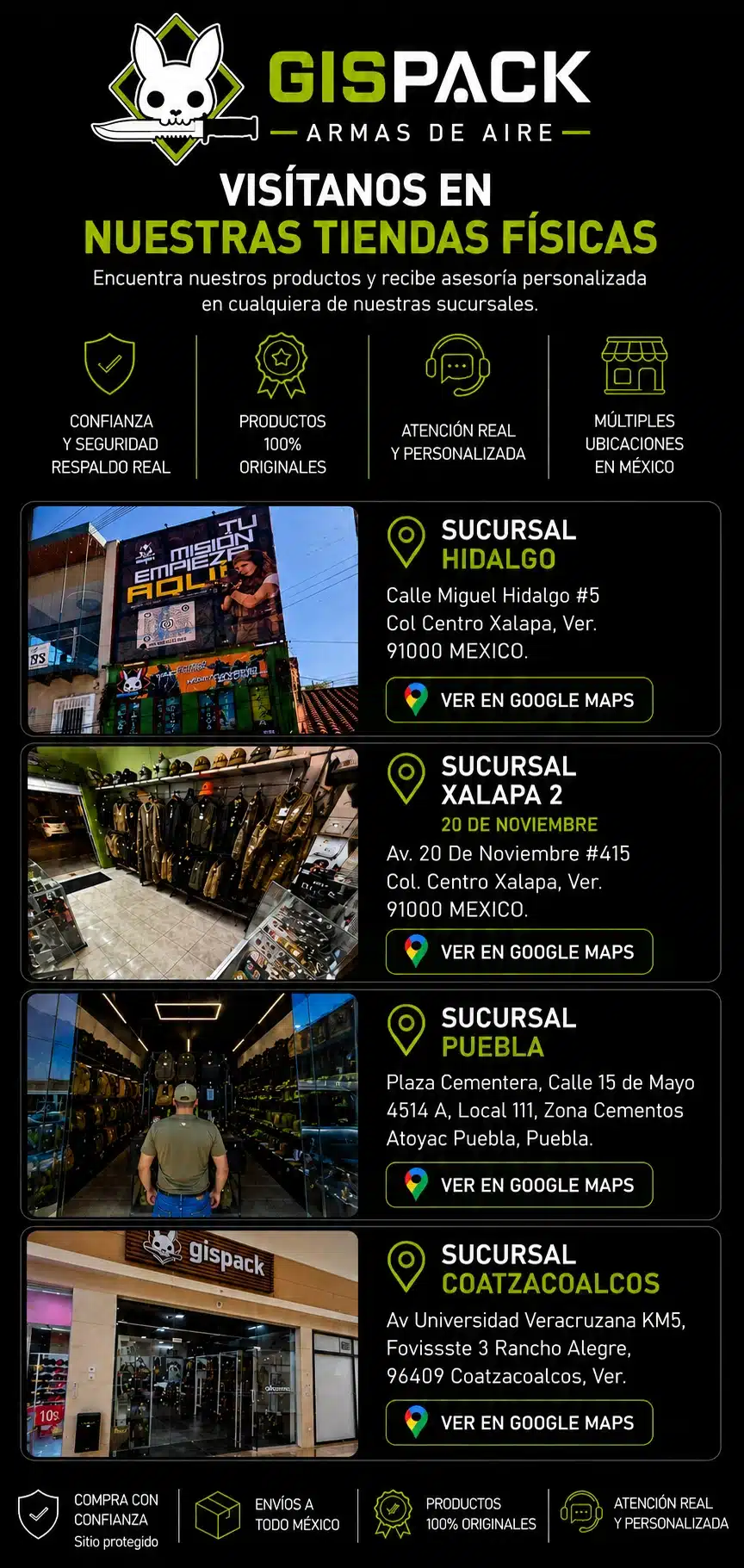 Sucursales físicas de GISPACK en Xalapa, Puebla y Coatzacoalcos con tienda de armas de aire, rifles PCP, CO2 y equipo táctico en México.