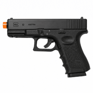 Pistola de airsoft Glock 19 negra con diseño compacto, riel táctico y acabado realista.