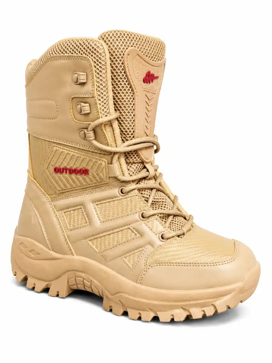 Bota táctica color arena outdoor de caña alta con suela antiderrapante para campismo y senderismo