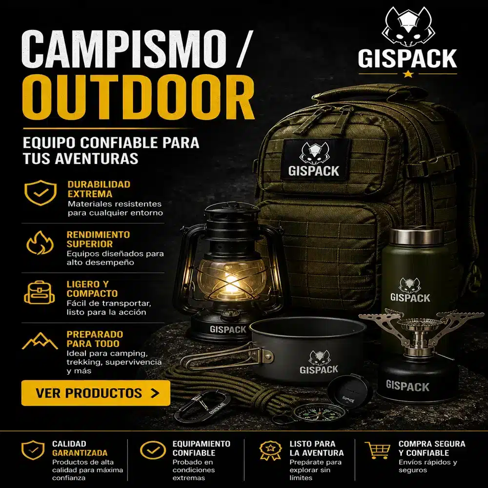 Equipo de campismo y outdoor con tienda de campaña y accesorios para aventura GISPACK