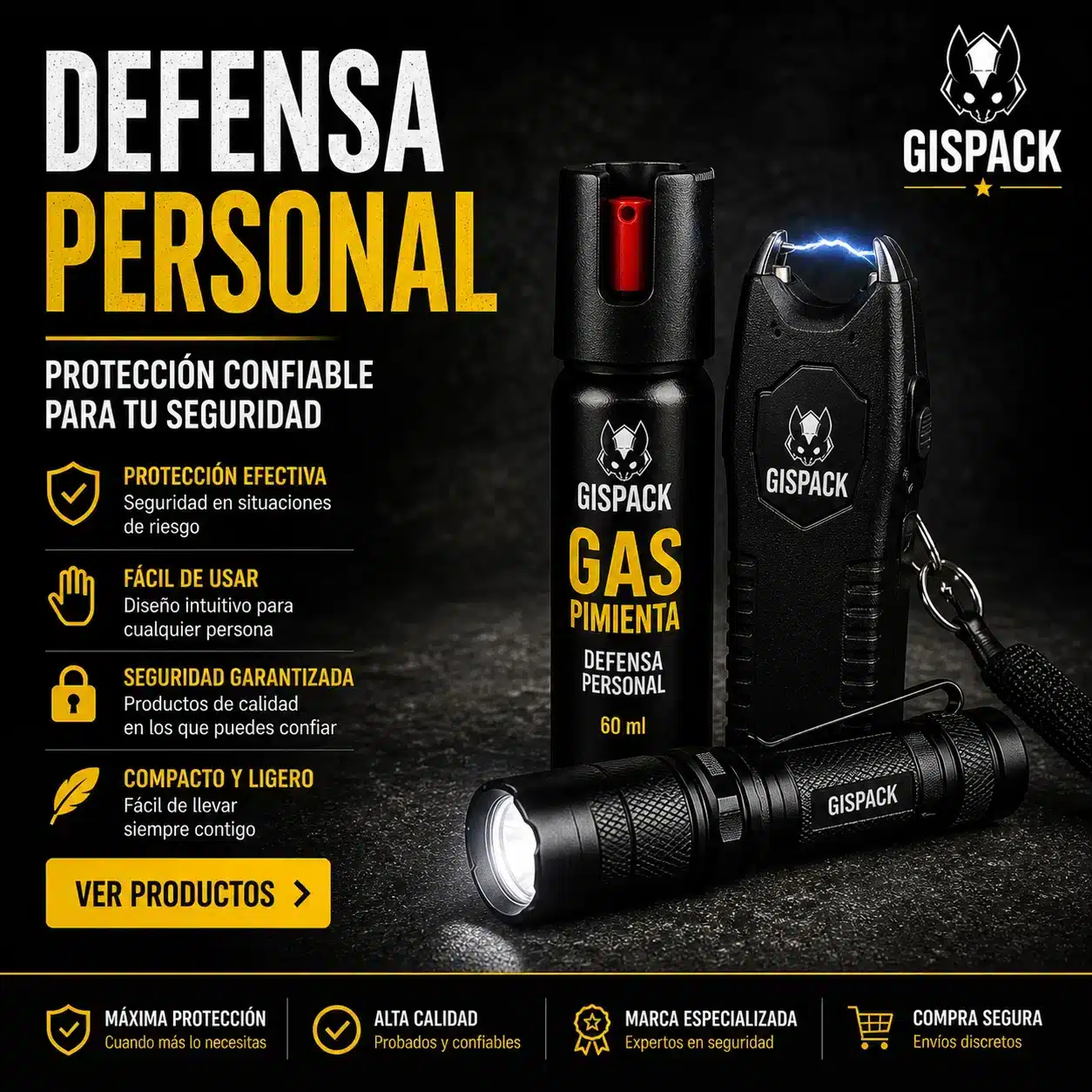 Equipo de defensa personal como gas pimienta y dispositivos de seguridad en México GISPACK