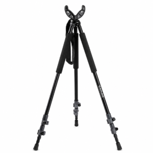 Bípode ajustable para rifle con patas telescópicas y soporte en V para mayor estabilidad.