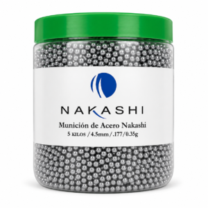 Cubeta de munición de acero Nakashi calibre 4.5 mm (.177) con capacidad de 5 kilogramos.