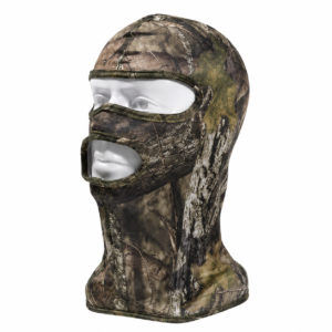 Pasamontañas táctico camuflaje con abertura para ojos y boca, ideal para caza y actividades al aire libre.
