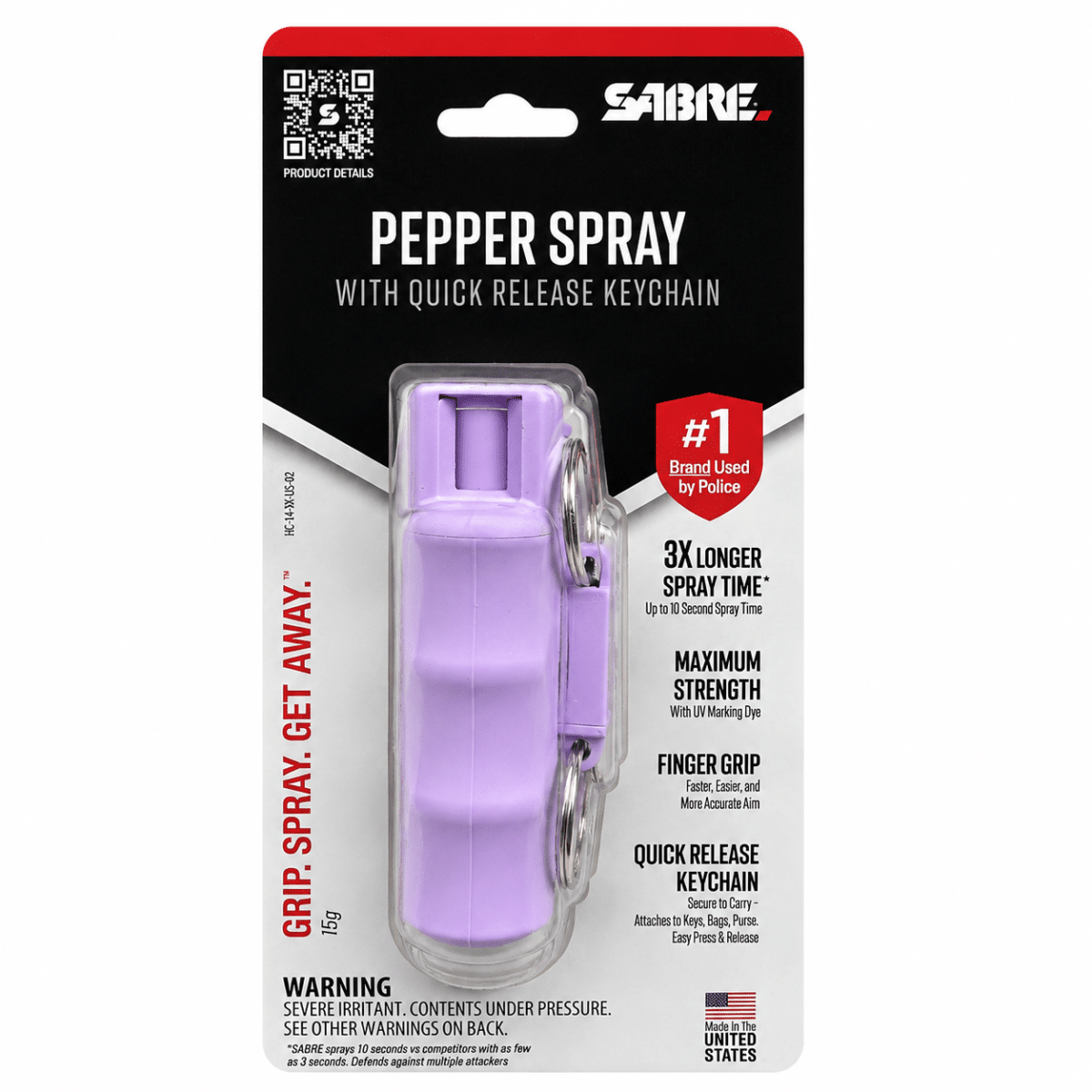 Gas pimienta SABRE color morado de 15 g con llavero de liberación rápida y agarre ergonómico para defensa personal, presentado en empaque original.