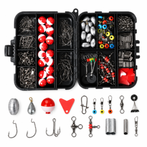 Kit de pesca con caja organizadora que incluye anzuelos, plomos, flotadores, giratorios y accesorios.