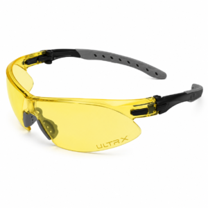 Lentes de seguridad amarillos con mica antimpacto y diseño envolvente para protección ocular.