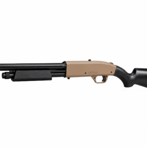 Rifle PCP compacto calibre .22 con culata sintética negra, depósito de aire integrado y diseño táctico para tiro deportivo.