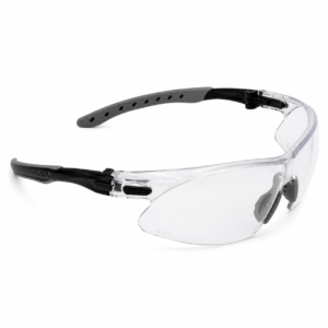 Lentes de seguridad transparentes con diseño envolvente y protección ocular antimpacto.