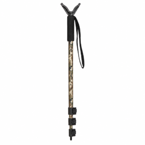 Monopié ajustable para rifle con soporte en V y sistema telescópico de altura regulable.