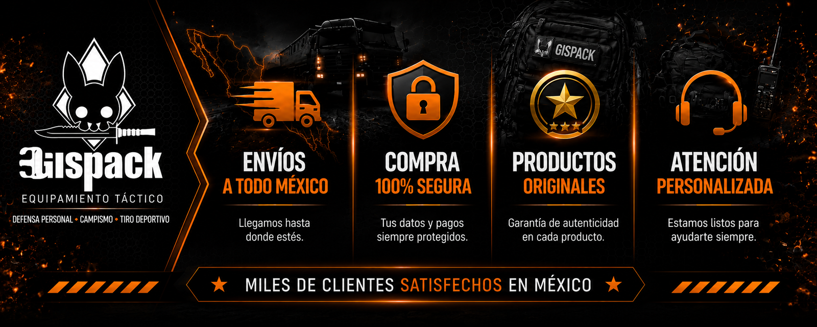 Banner GISPACK con envíos a todo México, compra 100% segura, productos originales y atención personalizada para equipamiento táctico, defensa personal y tiro deportivo.