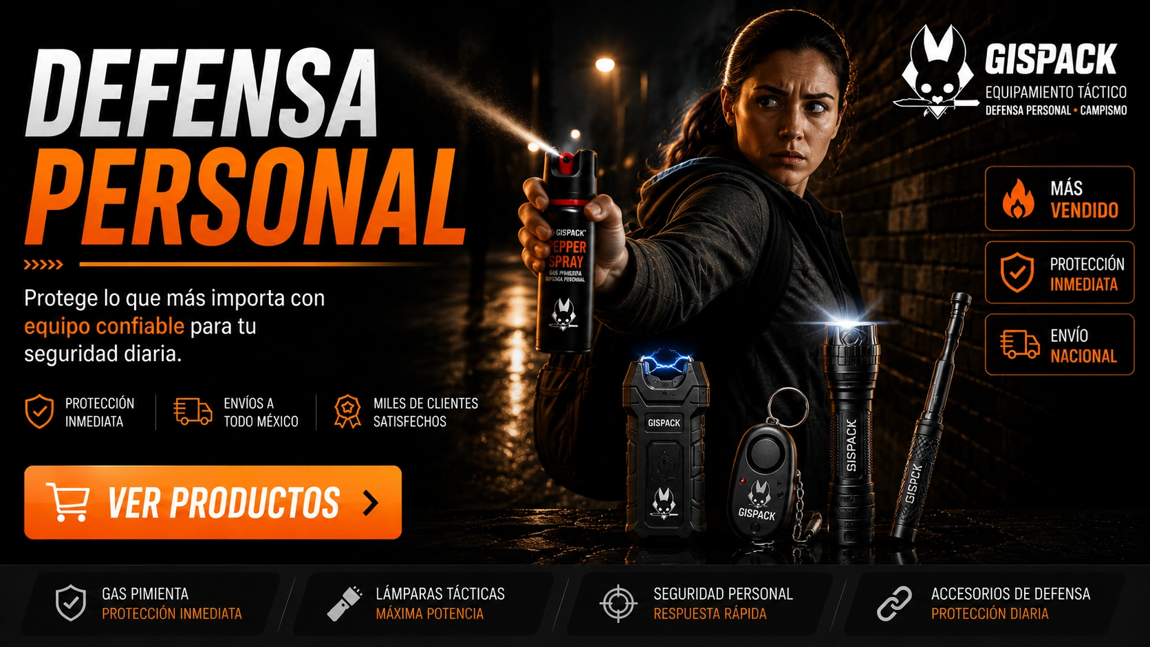 Banner de defensa personal GISPACK con gas pimienta y equipo de seguridad personal.