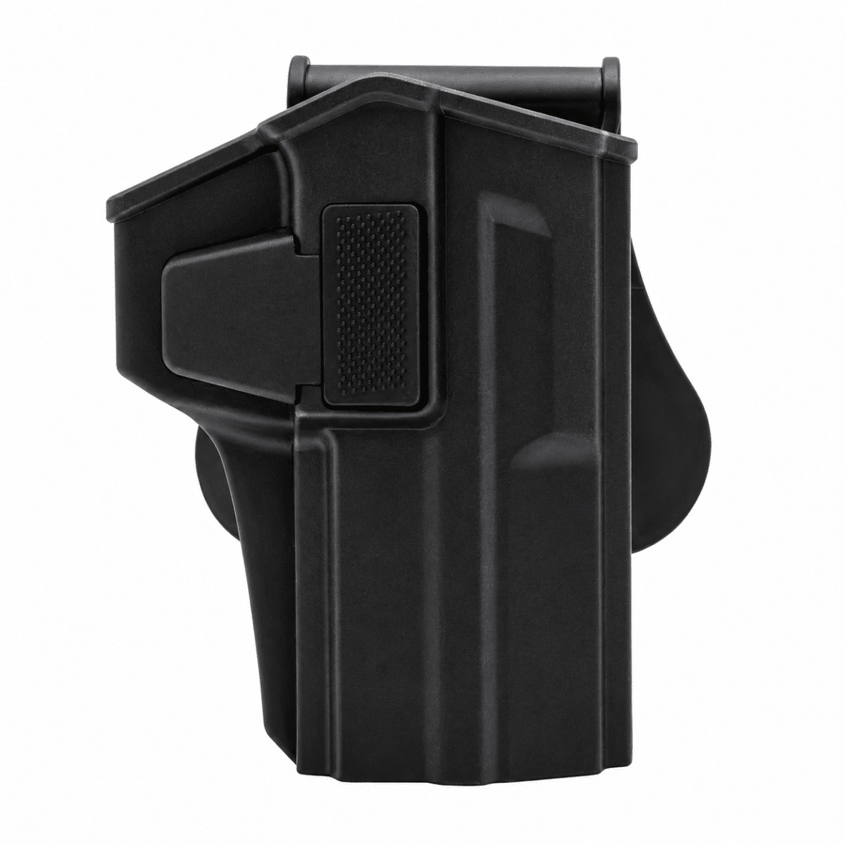 Funda táctica de polímero negro con sistema de retención y seguro para pistolas de defensa menos letal calibre .68.