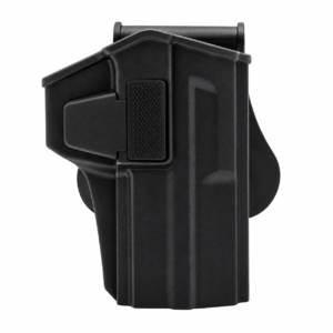 Funda táctica de polímero negro con sistema de retención y seguro para pistolas de defensa menos letal calibre .68.