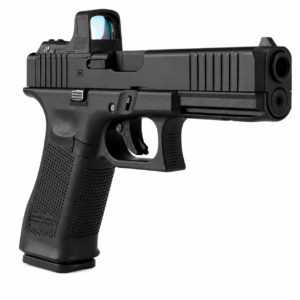 Pistola traumatica tipo Glock color negro con mira de punto rojo montada sobre la corredera.