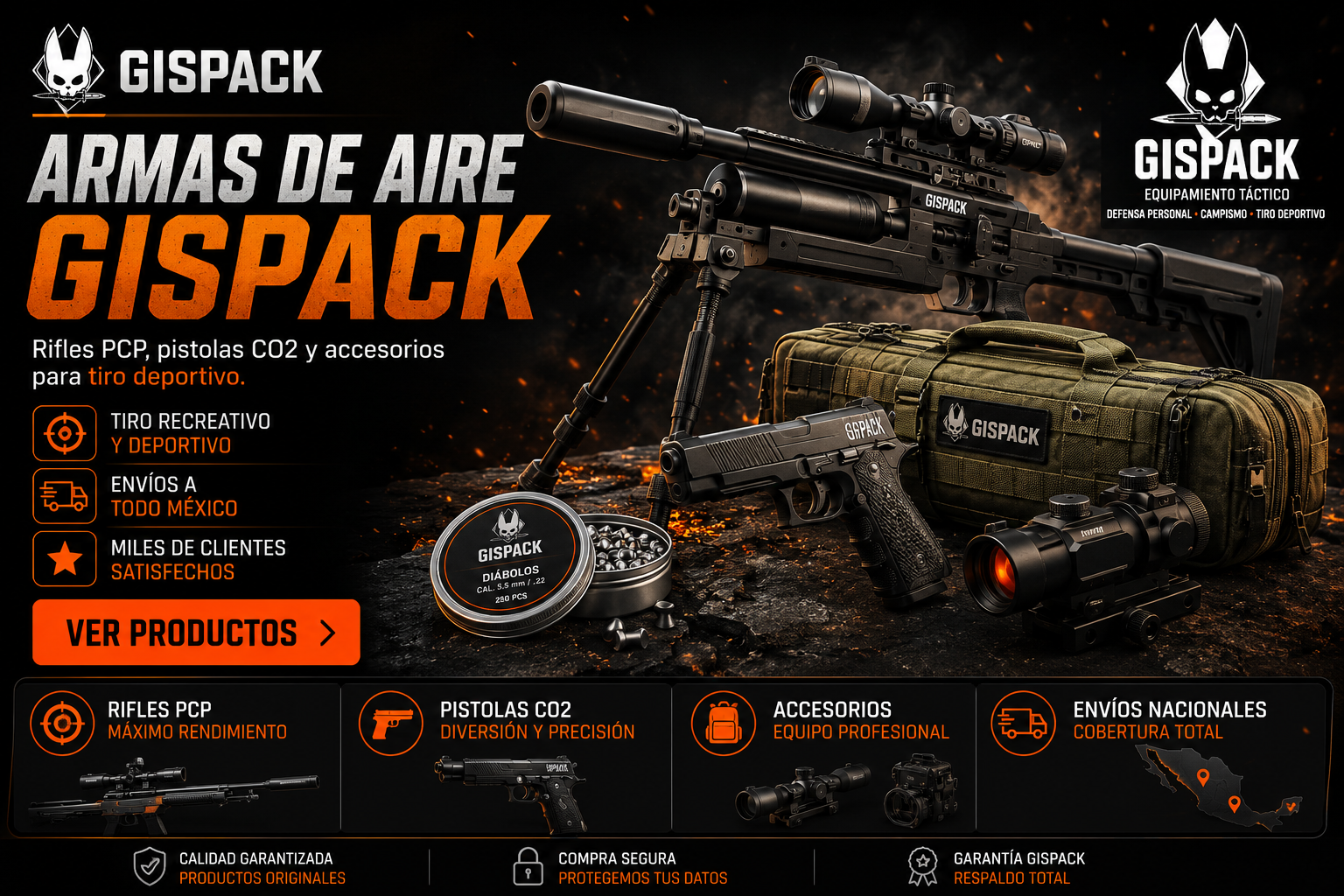 Banner de defensa personal GISPACK con gas pimienta y equipo de seguridad personal.