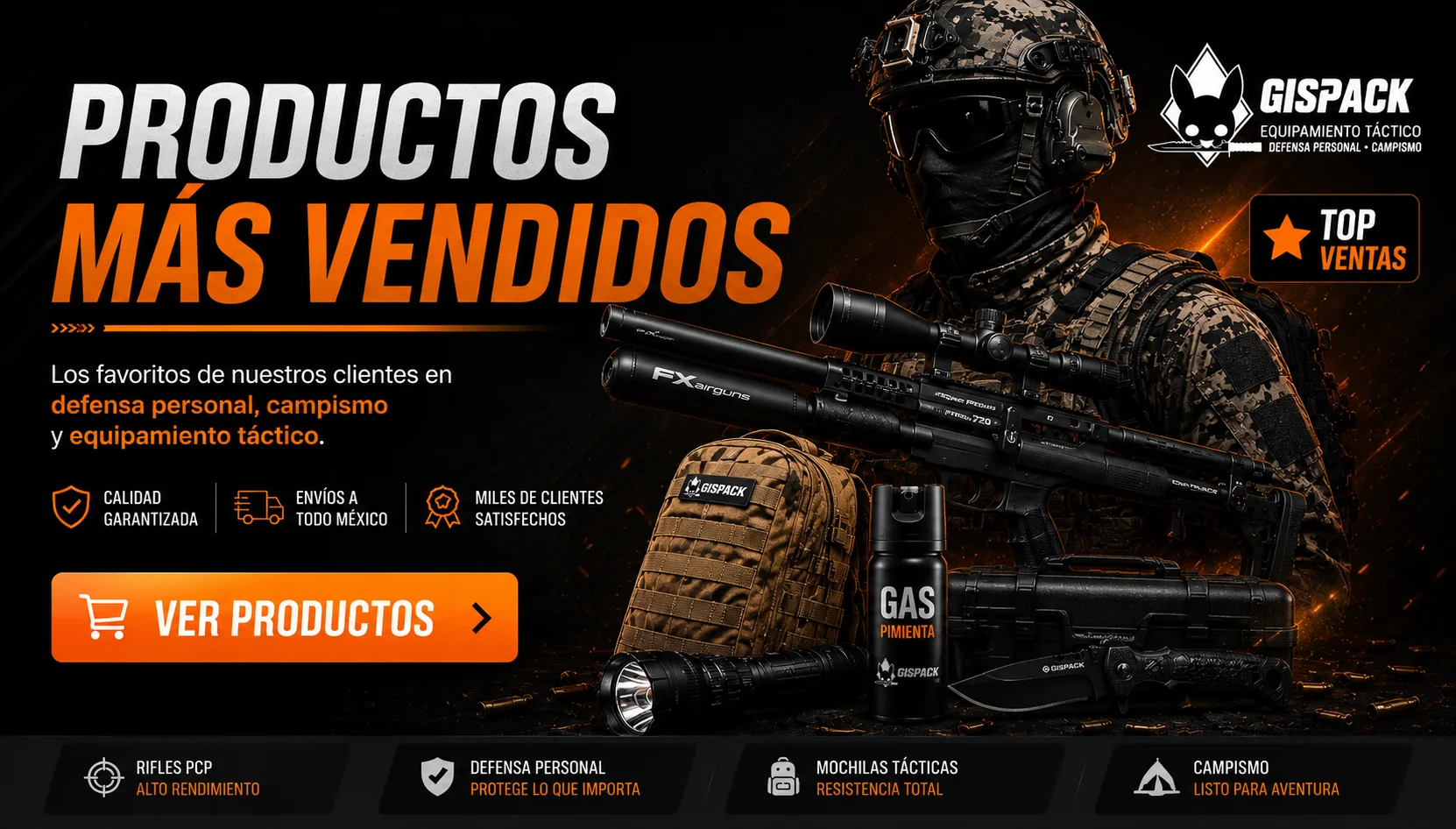 Productos más vendidos de GISPACK con equipamiento táctico, rifles PCP, defensa personal, mochilas tácticas y artículos de campismo.