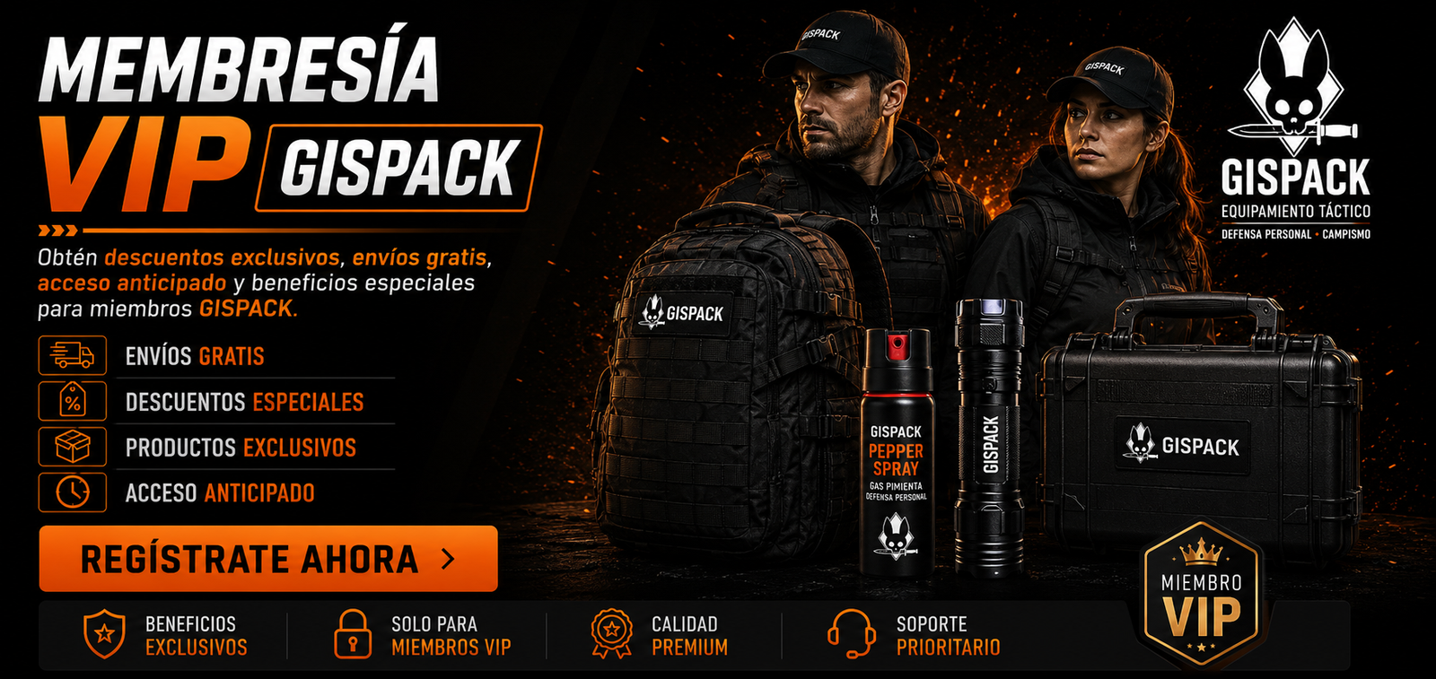 Banner de defensa personal GISPACK con gas pimienta y equipo de seguridad personal.