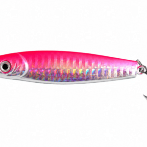 Señuelo Volat 60G Silver/Pink color plateado holográfico con detalles rosa y anzuelo doble para pesca deportiva.