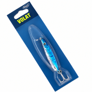 Señuelo Volat 80G Silver/Blue color plateado holográfico con detalles azules y anzuelo doble para pesca deportiva.