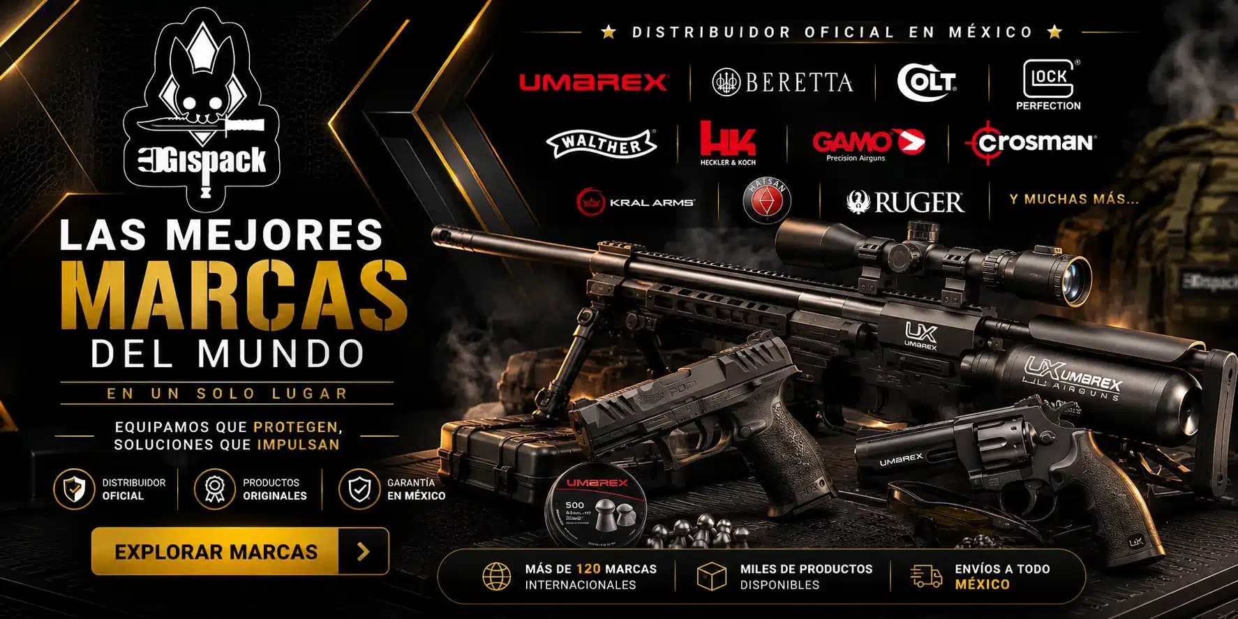 Banner de GISPACK con las mejores marcas de armas de aire y equipo táctico como Umarex, Beretta, Colt, Walther, HK, Gamo, Crosman, Hatsan y Ruger.