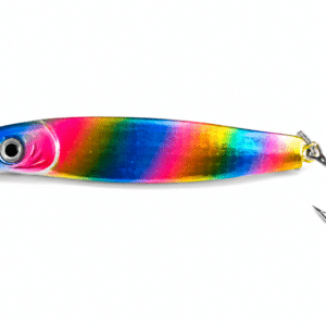 Señuelo Volat 80G Multicolor con acabado holográfico y anzuelo doble para pesca deportiva en agua salada.