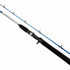 Caña de pesca casting color azul con mango ergonómico de EVA, portacarrete reforzado y guías metálicas sobre fondo blanco.