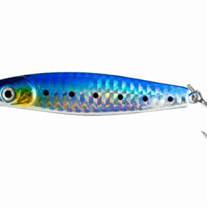 Señuelo Volat 60G color azul holográfico con anzuelo doble para pesca deportiva en agua salada.