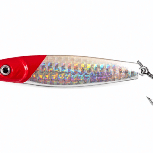 Señuelo Volat 80G Silver/Red color plateado holográfico con cabeza roja y anzuelo doble para pesca deportiva.