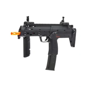 Vista principal de la metralleta H&K MP7 A1 Airsoft negra de 230 FPS con dos cargadores.