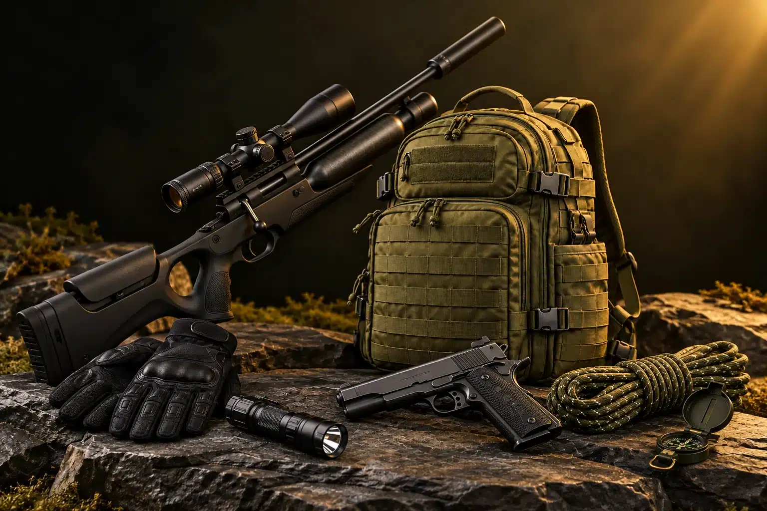 Rifle PCP con mira, pistola de CO₂ negra, mochila verde olivo, guantes y accesorios outdoor sobre piedra.