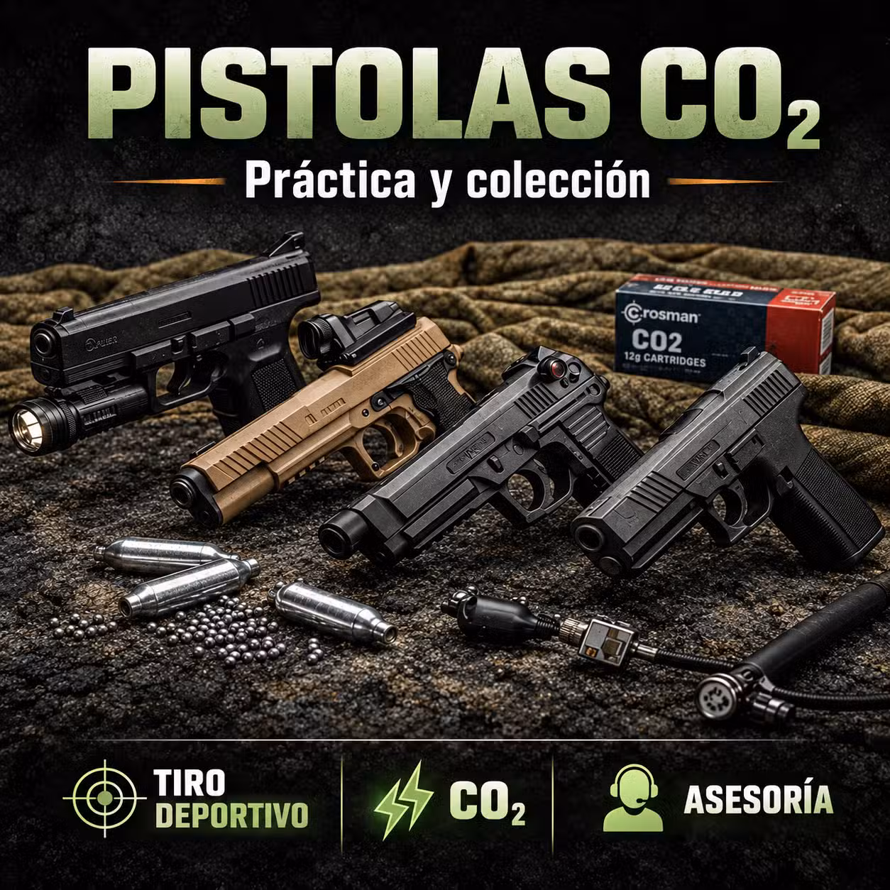 Cuatro pistolas de aire CO₂ con cápsulas de gas y balines para tiro deportivo, categoría GISPACK.