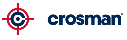 Logotipo de Crosman con mira roja y nombre azul.